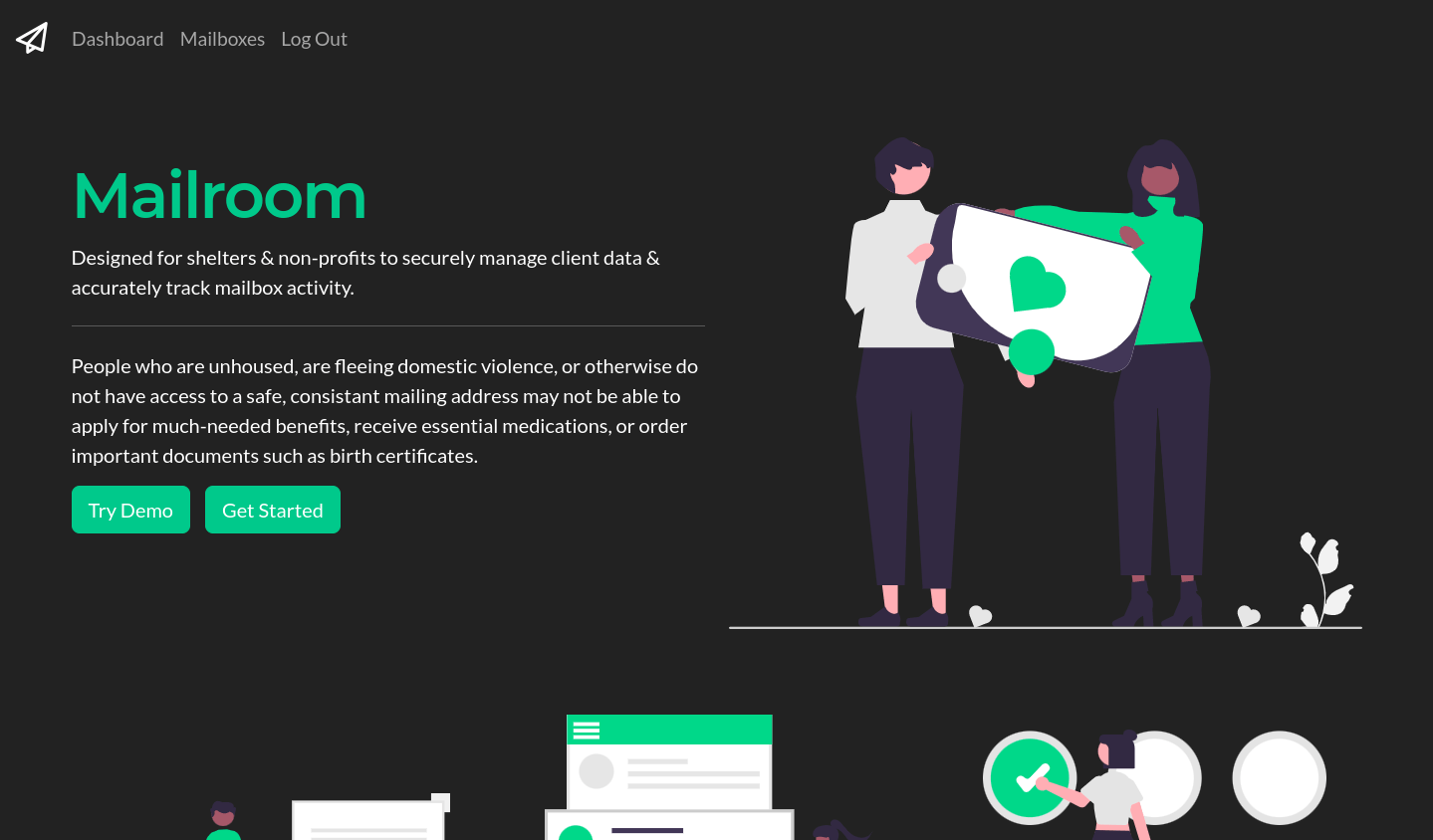Screenshot of landing page for Mailroom web application