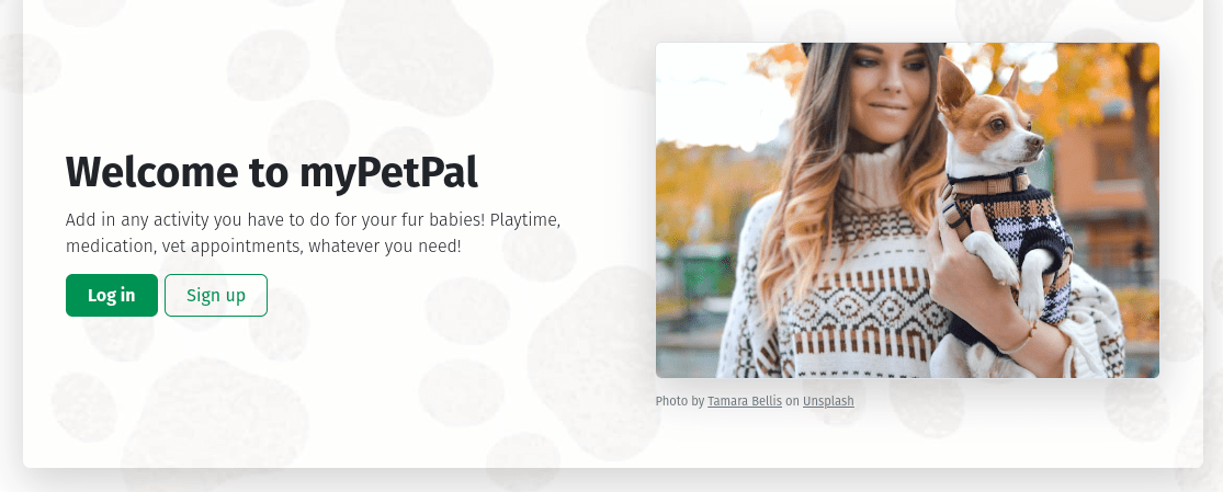 Screenshot of landing page for myPetPal web application